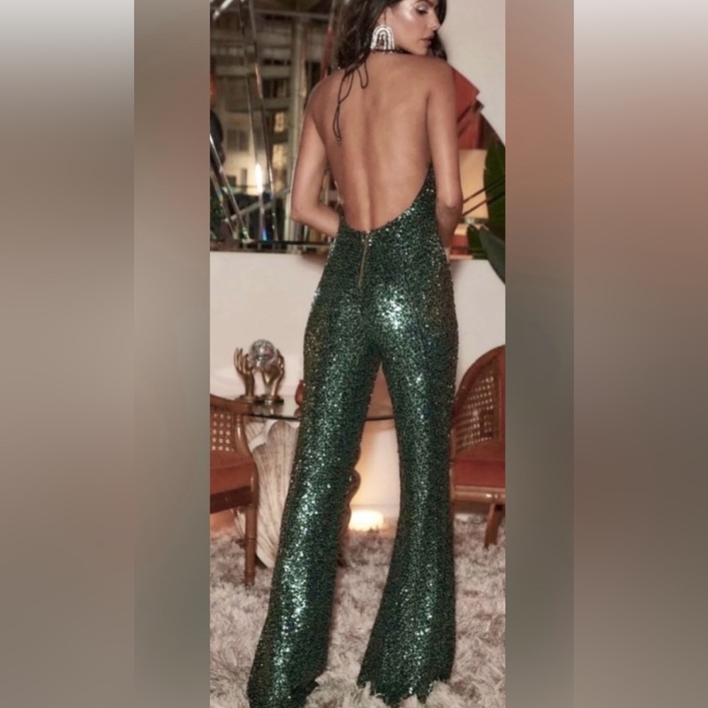 12th Tribe Sparkling Sequin Green Backless Jumpsuit